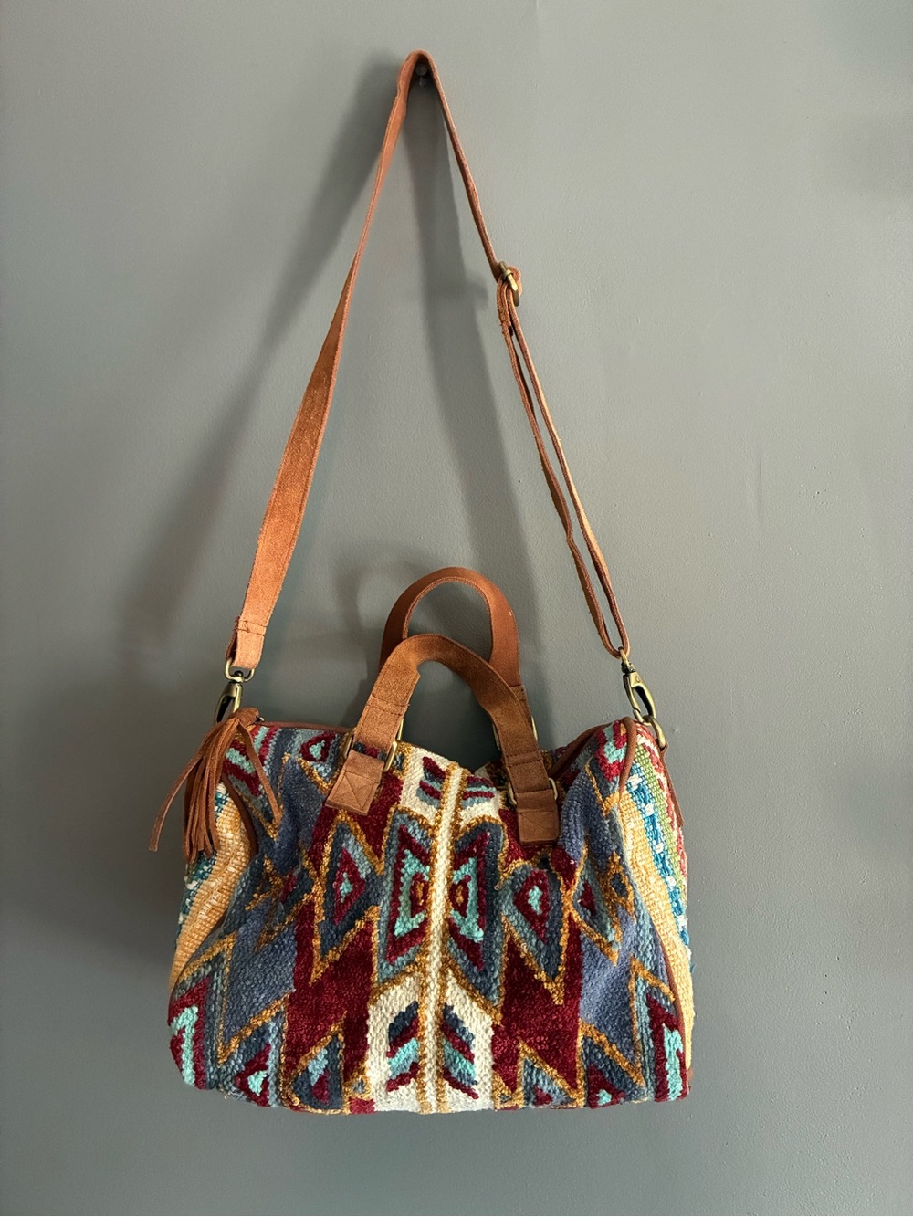 Southwestern Hippie Bohemian Tapestry textured Crossbody Bag with Top Handles - Picture 9 of 10